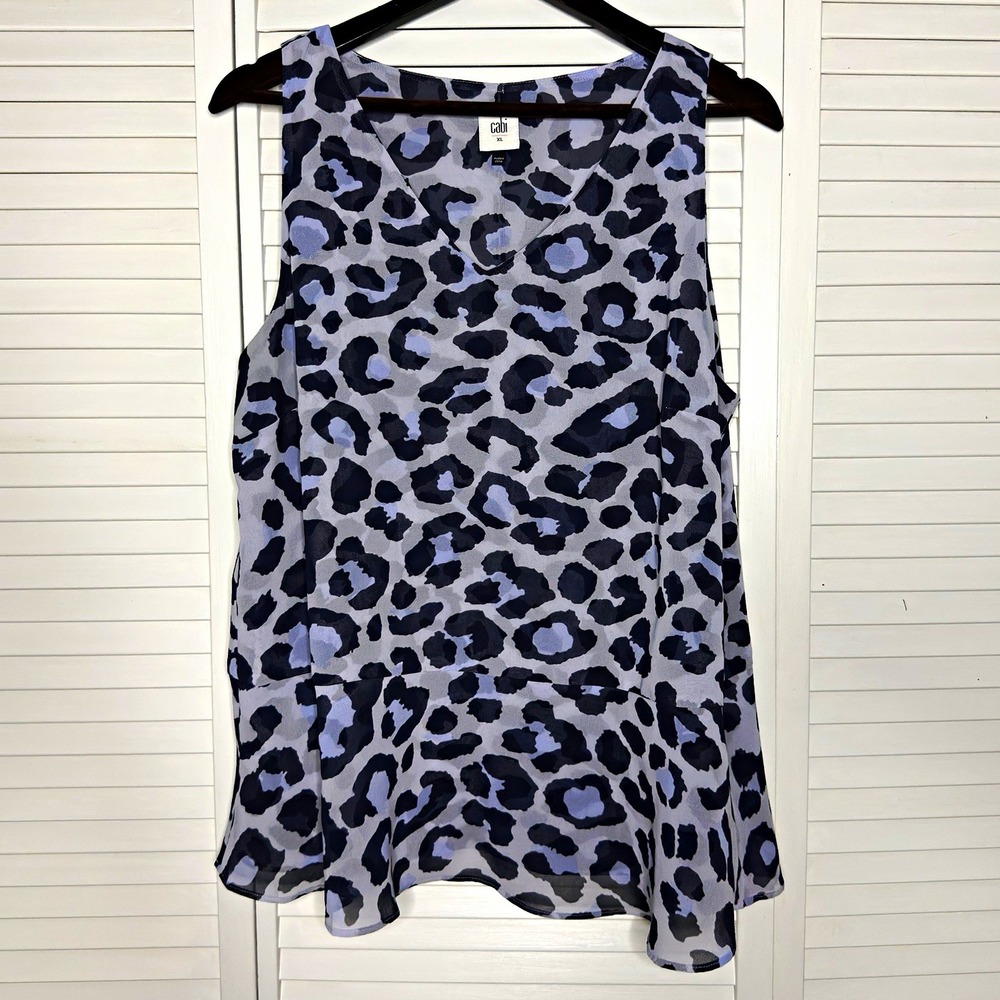 CAbi Women XL Feline Leopard Print Peplum Top Sleeveless V Neck Blouse 5536